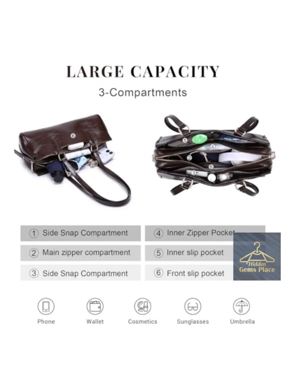 Vegan Leather Hobo Bag with 3 Compartments and Multi Pockets